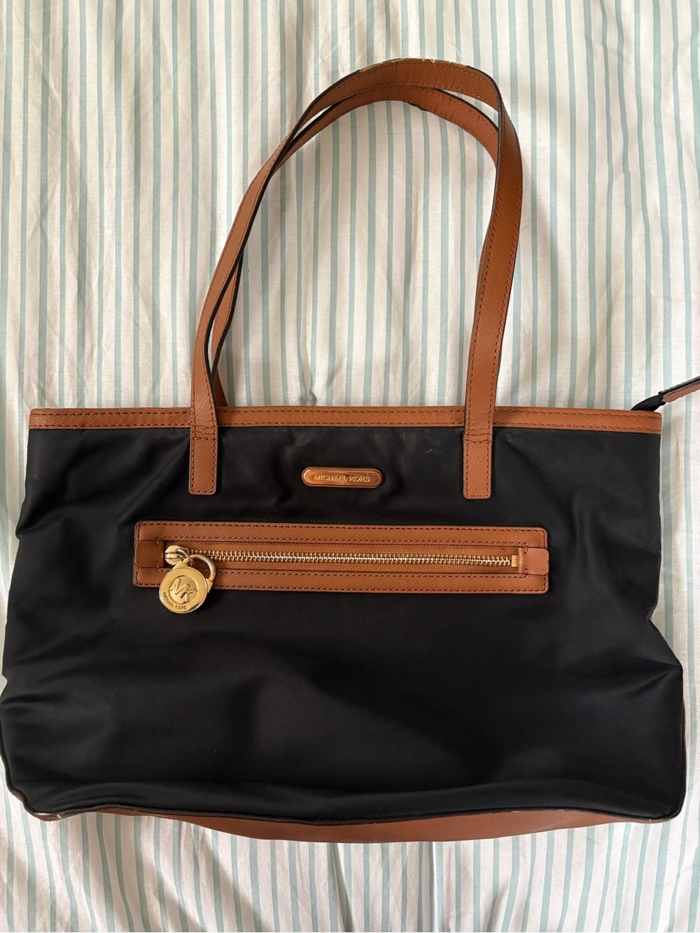 Michael Kors Black Nylon Bag Brown Leather Trim Large Zip Shoulder Bag